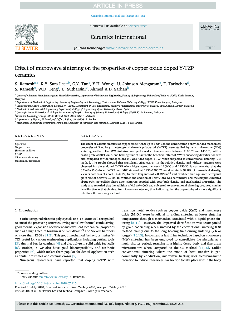 Effect of microwave sintering on the properties of copper oxide doped Y-TZP ceramics