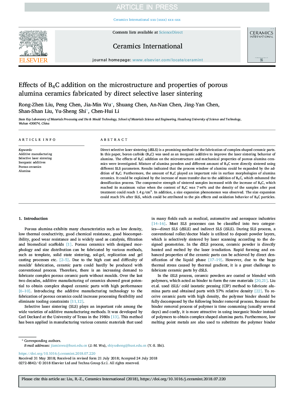 Effects of B4C addition on the microstructure and properties of porous alumina ceramics fabricated by direct selective laser sintering