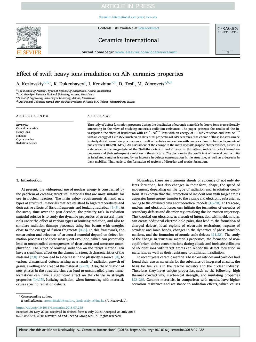 Effect of swift heavy ions irradiation on AlN ceramics properties