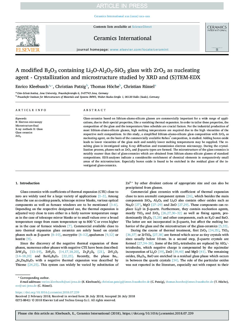 A modified B2O3 containing Li2O-Al2O3-SiO2 glass with ZrO2 as nucleating agent - Crystallization and microstructure studied by XRD and (S)TEM-EDX