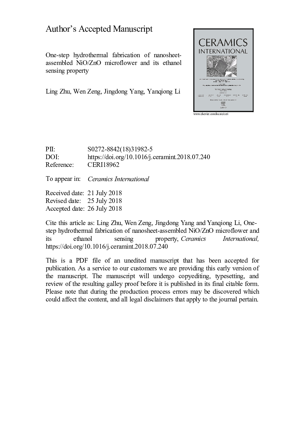 One-step hydrothermal fabrication of nanosheet-assembled NiO/ZnO microflower and its ethanol sensing property