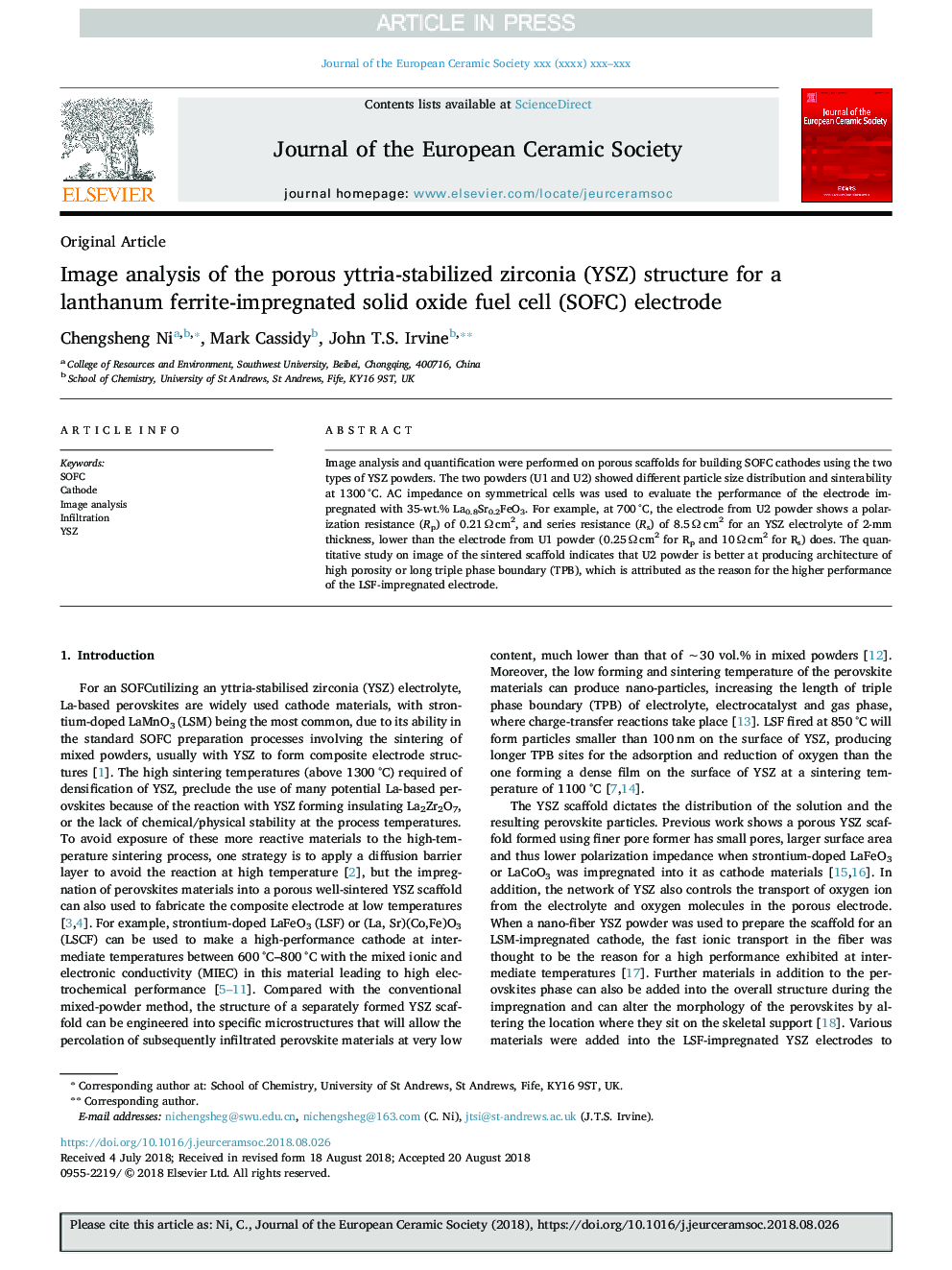 Image analysis of the porous yttria-stabilized zirconia (YSZ) structure for a lanthanum ferrite-impregnated solid oxide fuel cell (SOFC) electrode