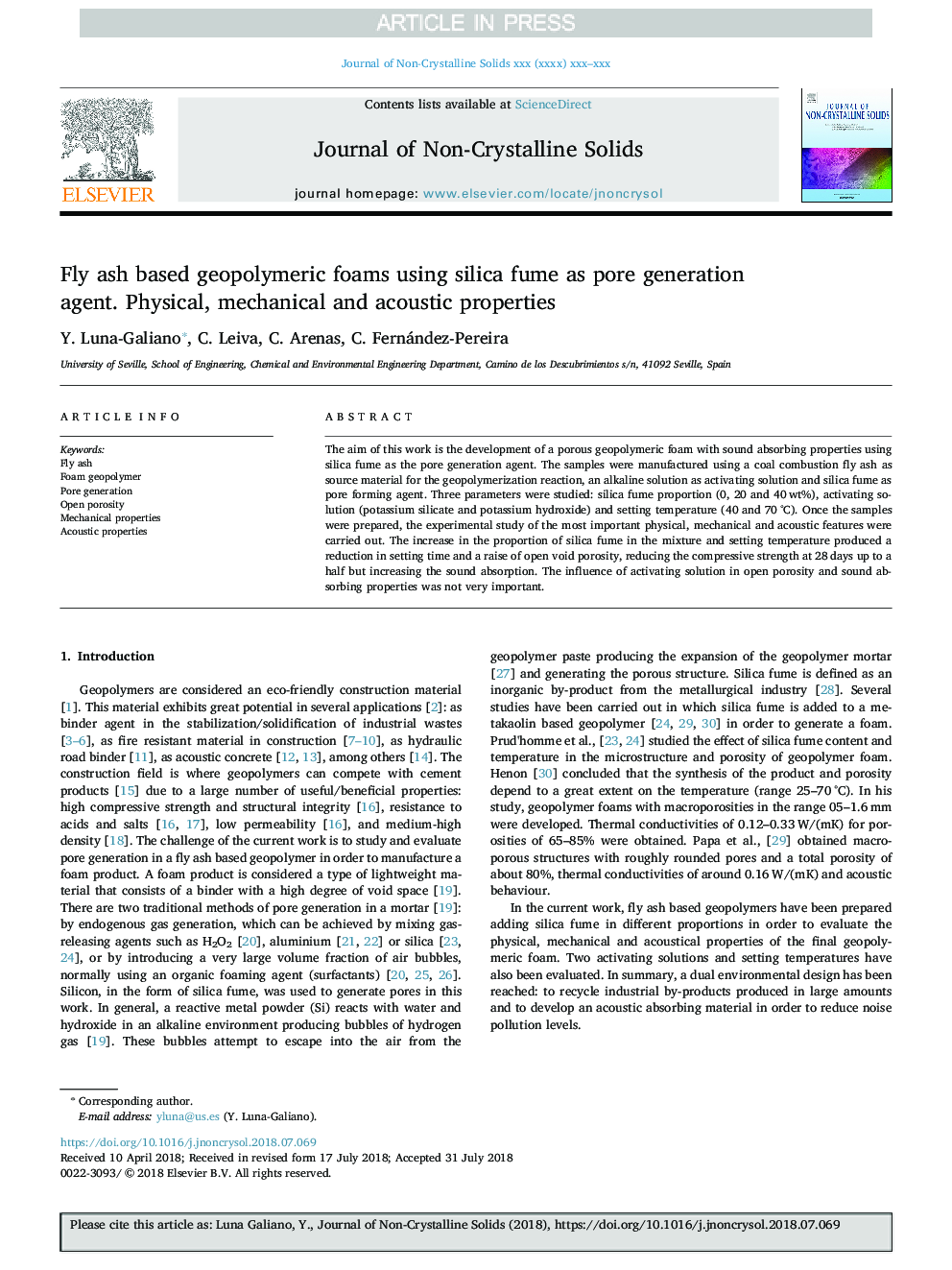 Fly ash based geopolymeric foams using silica fume as pore generation agent. Physical, mechanical and acoustic properties