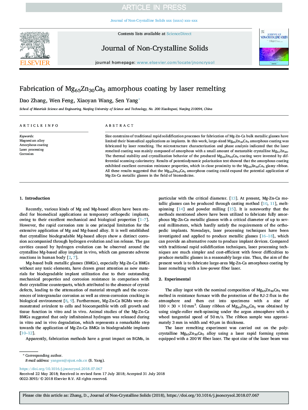 Fabrication of Mg65Zn30Ca5 amorphous coating by laser remelting