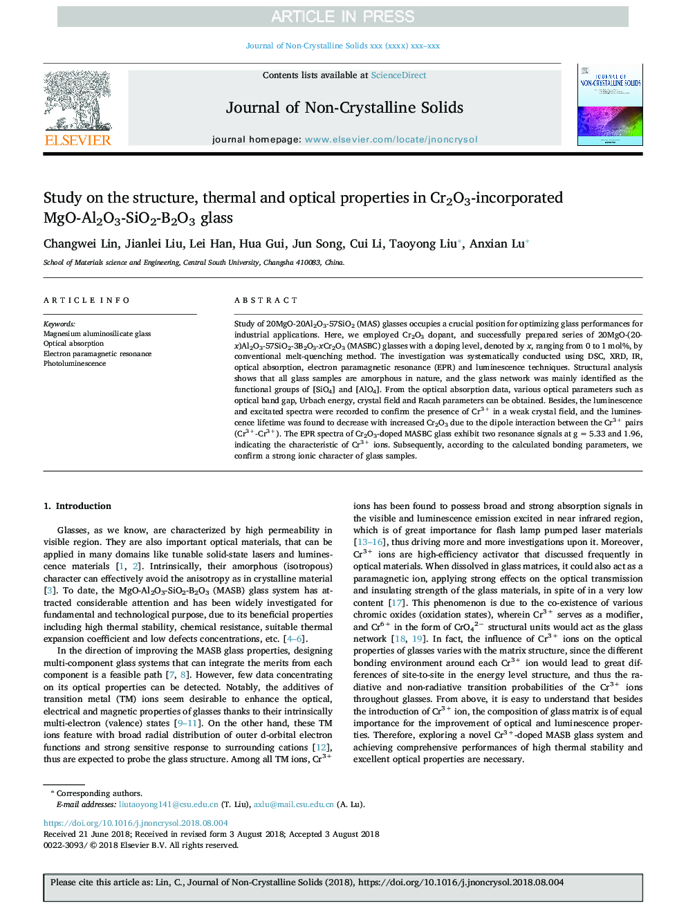 Study on the structure, thermal and optical properties in Cr2O3-incorporated MgO-Al2O3-SiO2-B2O3 glass