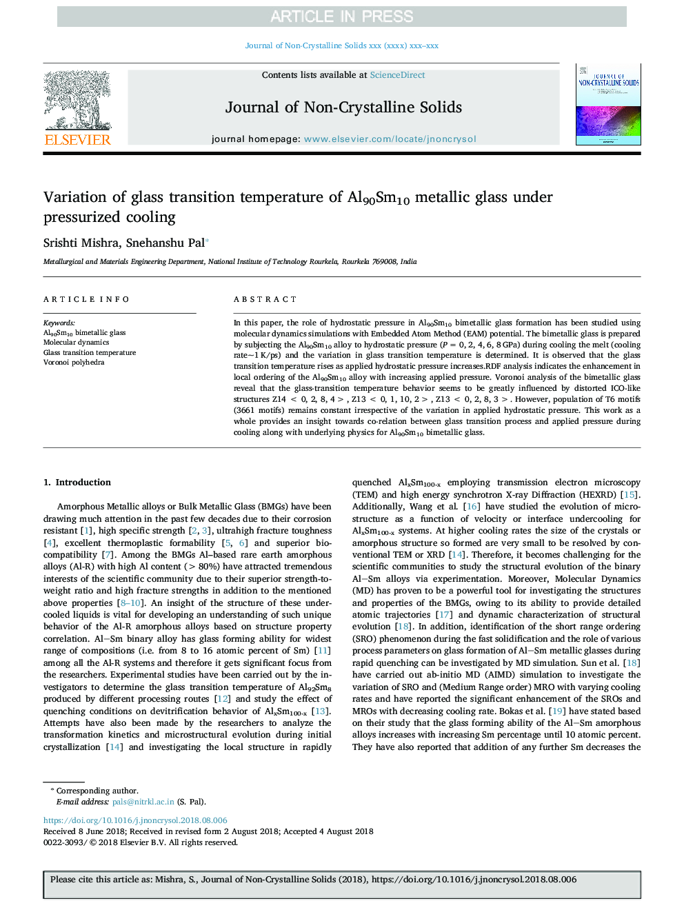 Variation of glass transition temperature of Al90Sm10 metallic glass under pressurized cooling