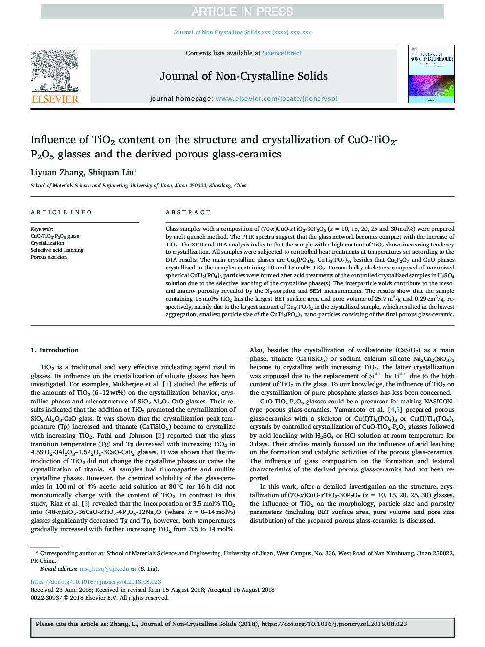 Influence of TiO2 content on the structure and crystallization of CuO-TiO2-P2O5 glasses and the derived porous glass-ceramics