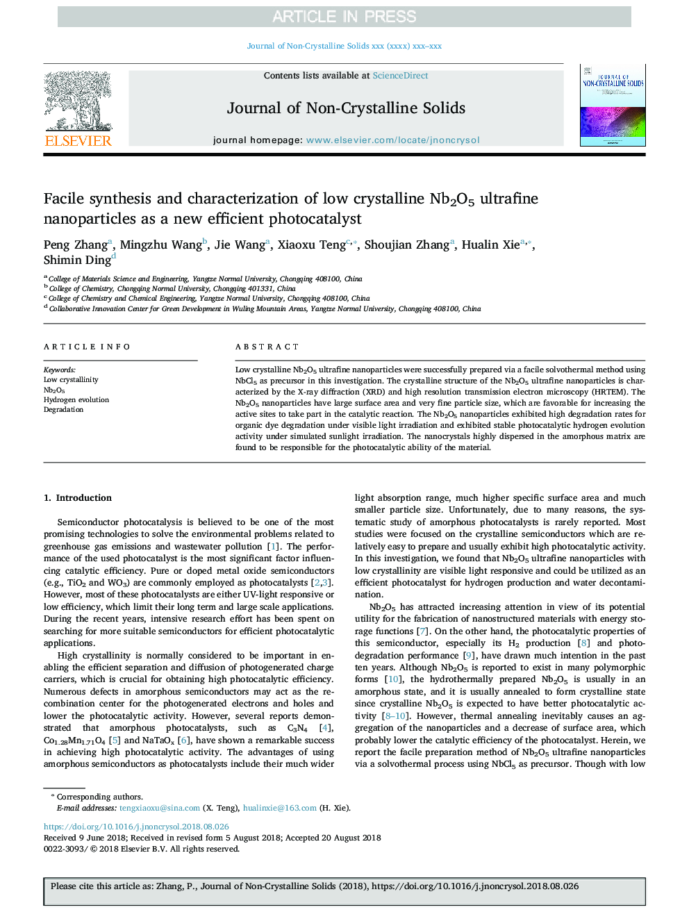 Facile synthesis and characterization of low crystalline Nb2O5 ultrafine nanoparticles as a new efficient photocatalyst