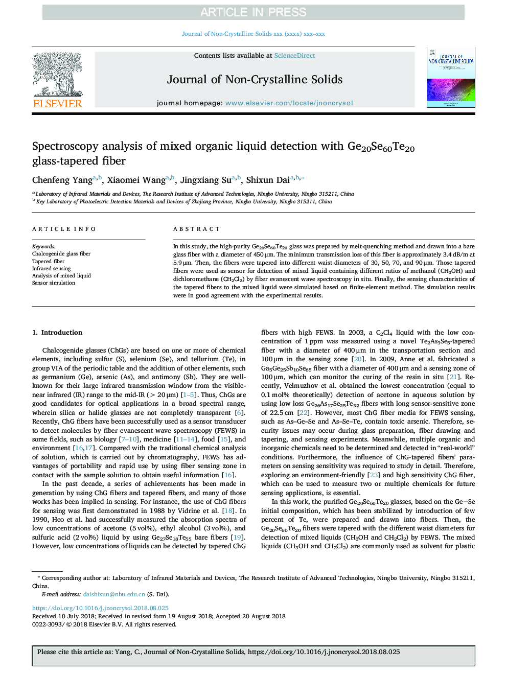 Spectroscopy analysis of mixed organic liquid detection with Ge20Se60Te20 glass-tapered fiber