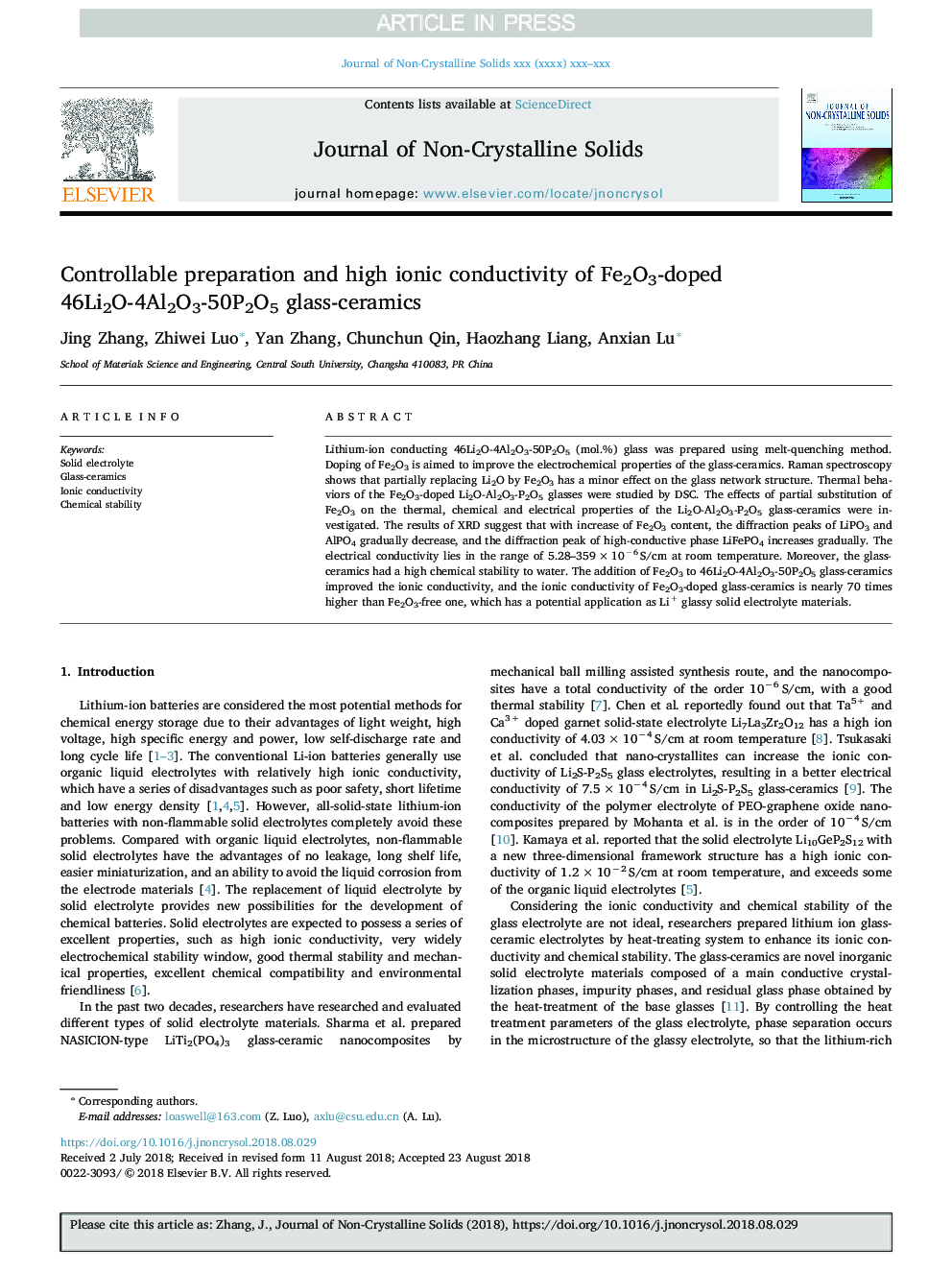 Controllable preparation and high ionic conductivity of Fe2O3-doped 46Li2O-4Al2O3-50P2O5 glass-ceramics