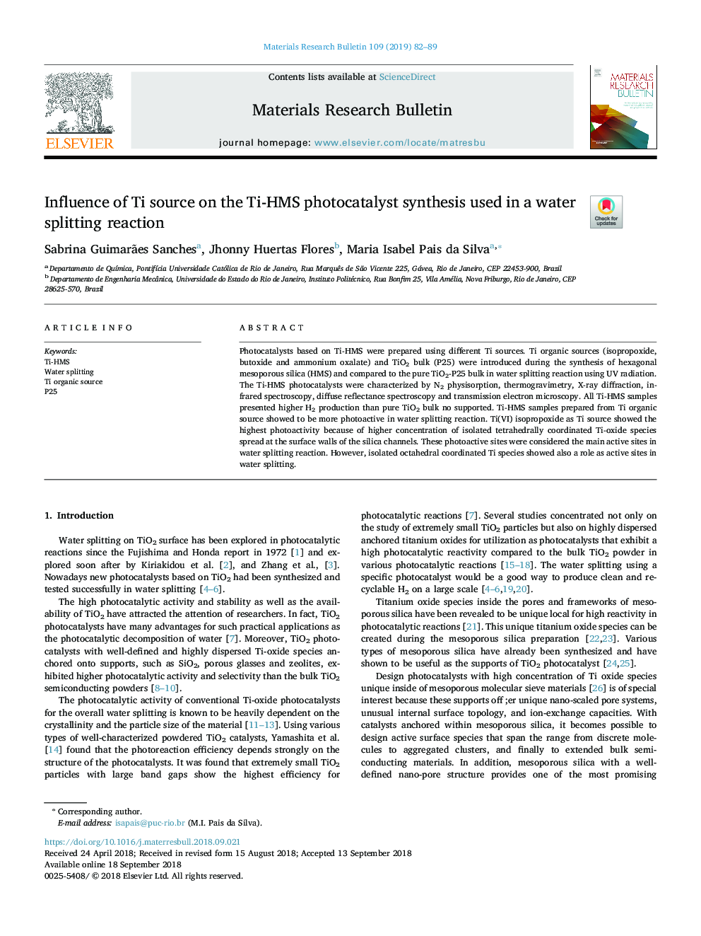 Influence of Ti source on the Ti-HMS photocatalyst synthesis used in a water splitting reaction