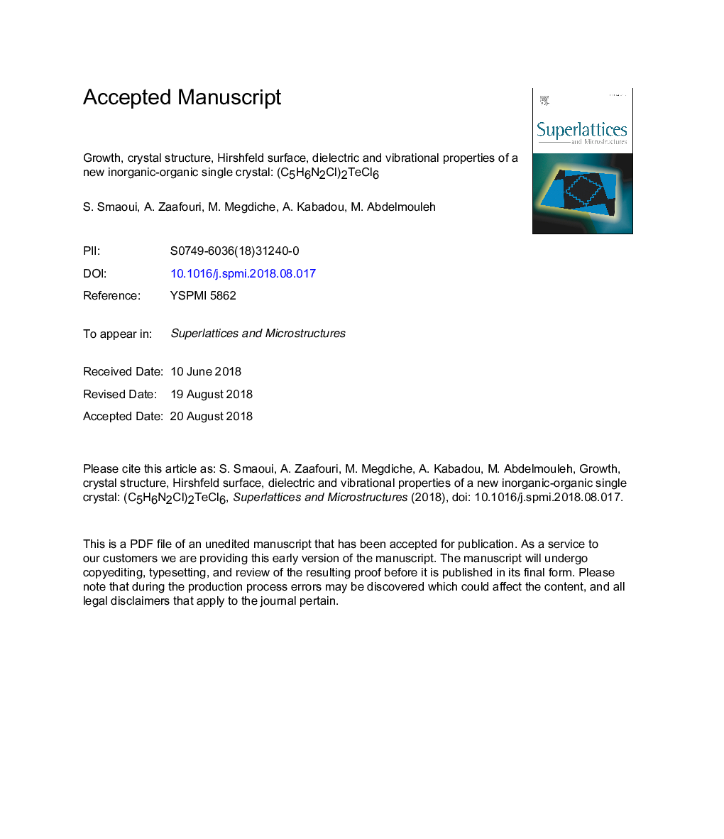 Growth, crystal structure, Hirshfeld surface, dielectric and vibrational properties of a new inorganic-organic single crystal: (C5H6N2Cl)2TeCl6