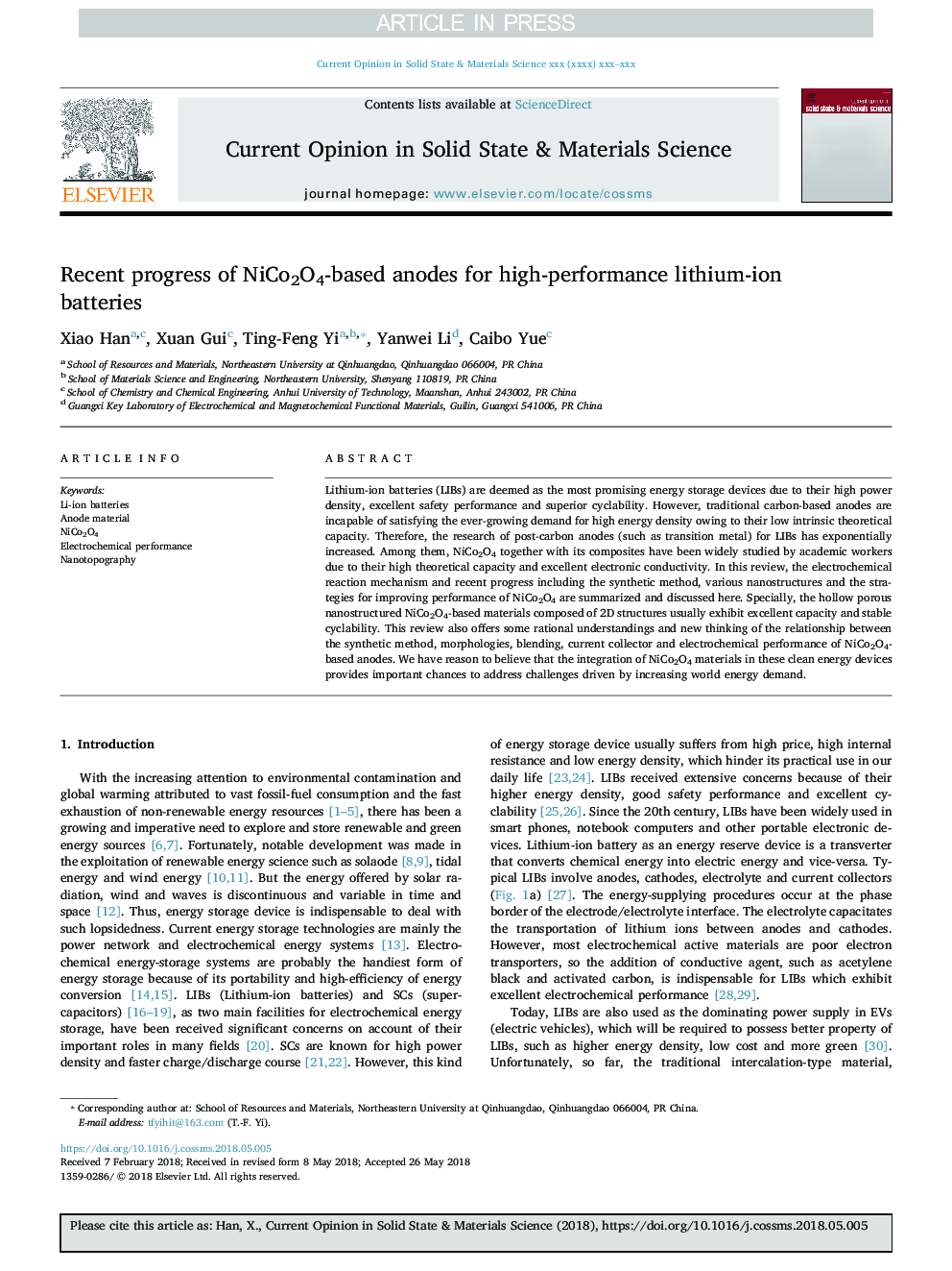 Recent progress of NiCo2O4-based anodes for high-performance lithium-ion batteries