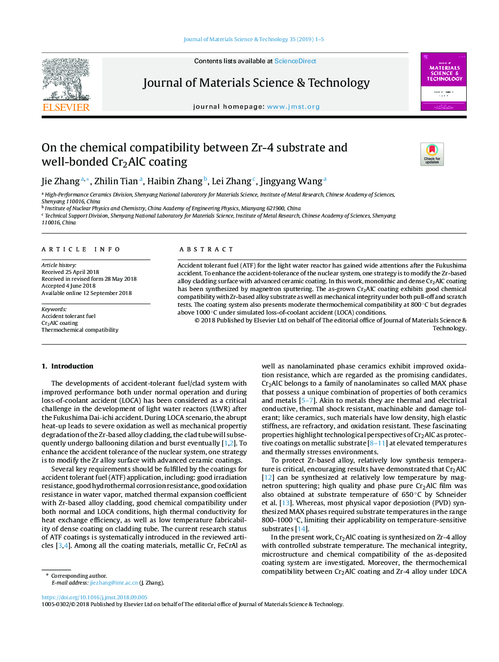 On the chemical compatibility between Zr-4 substrate and well-bonded Cr2AlC coating