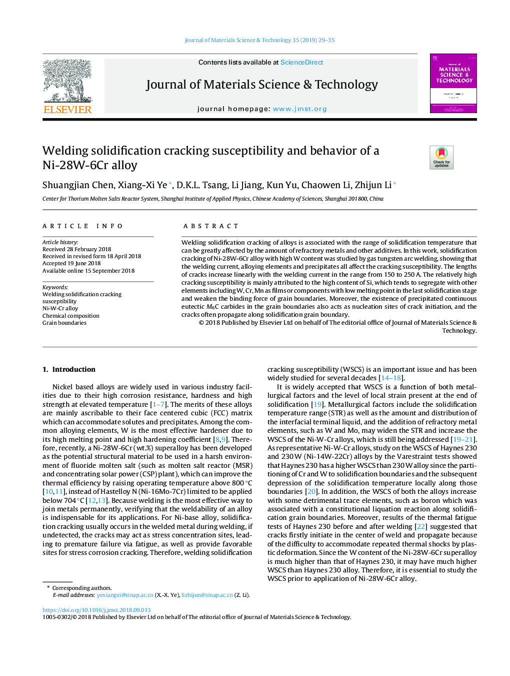 Welding solidification cracking susceptibility and behavior of a Ni-28W-6Cr alloy