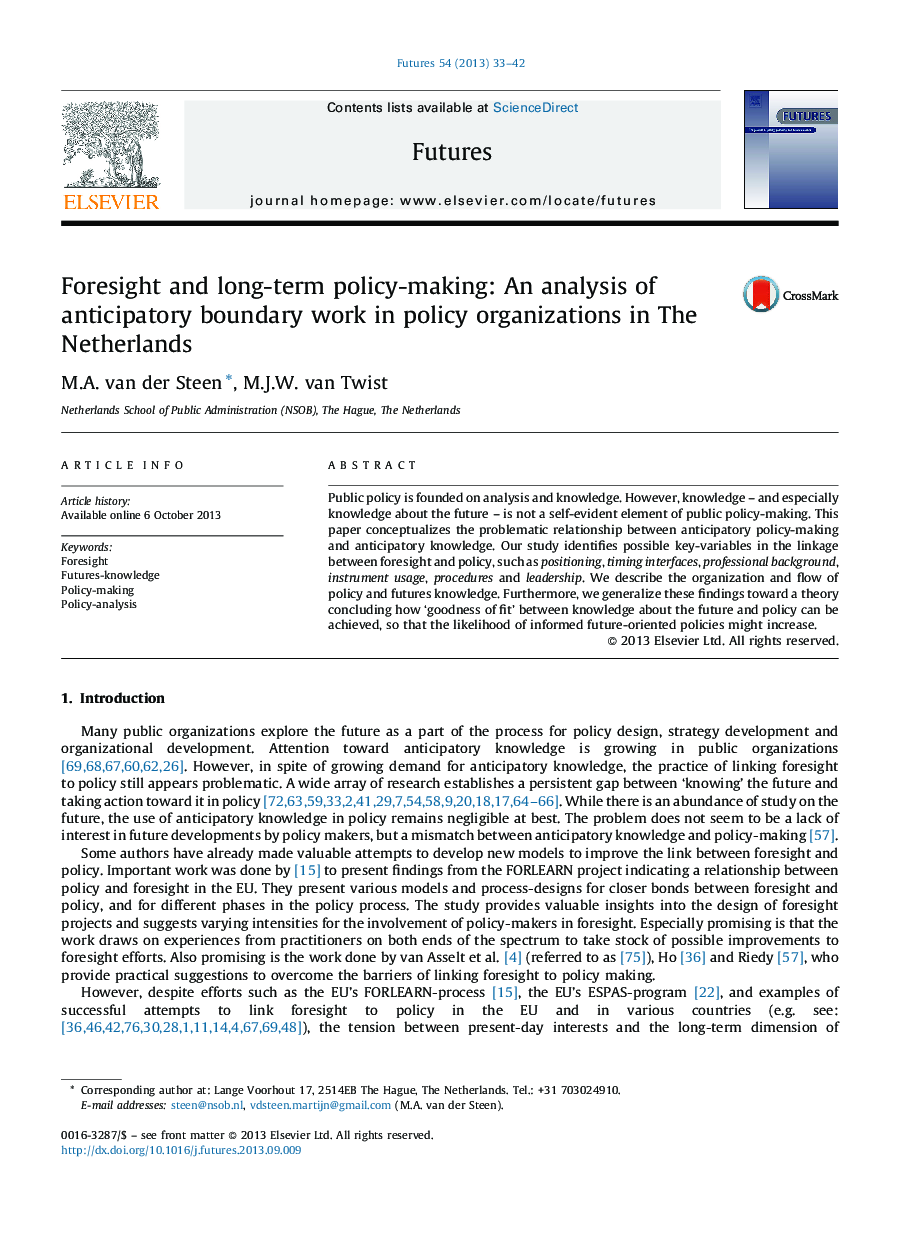 Foresight and long-term policy-making: An analysis of anticipatory boundary work in policy organizations in The Netherlands