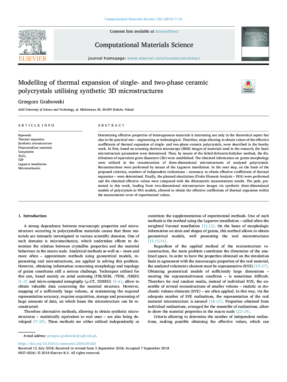 Modelling of thermal expansion of single- and two-phase ceramic polycrystals utilising synthetic 3D microstructures