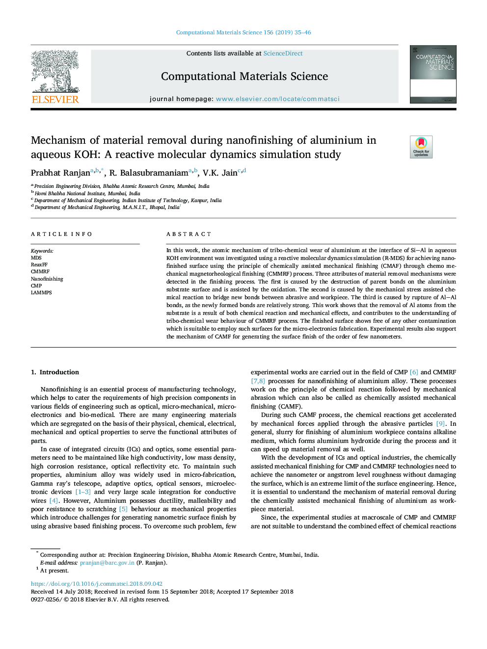 Mechanism of material removal during nanofinishing of aluminium in aqueous KOH: A reactive molecular dynamics simulation study