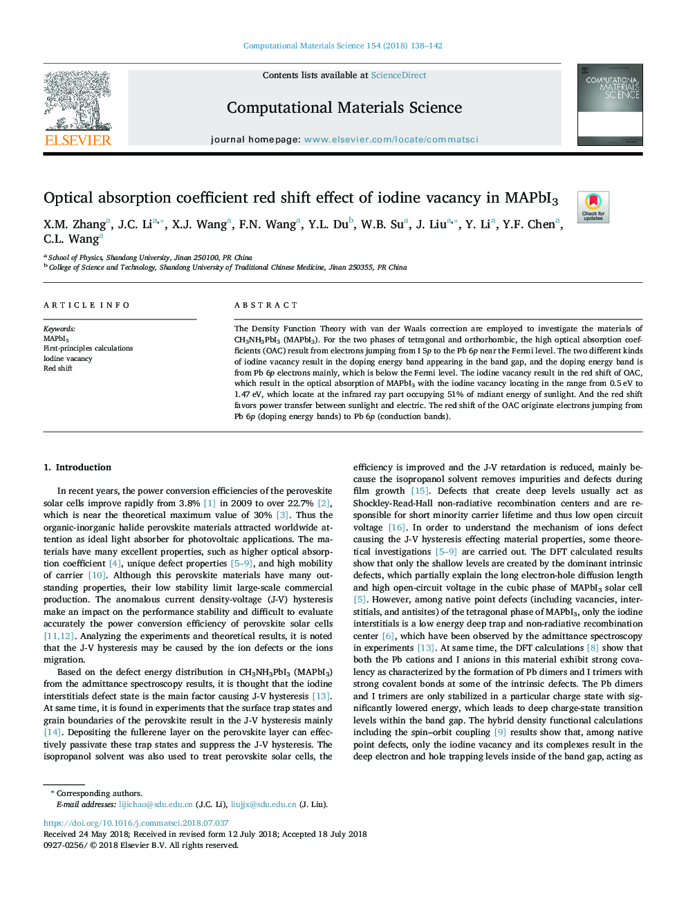 Optical absorption coefficient red shift effect of iodine vacancy in MAPbI3