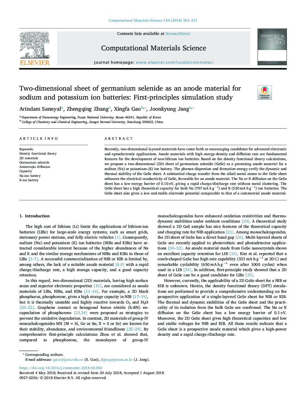 Two-dimensional sheet of germanium selenide as an anode material for sodium and potassium ion batteries: First-principles simulation study