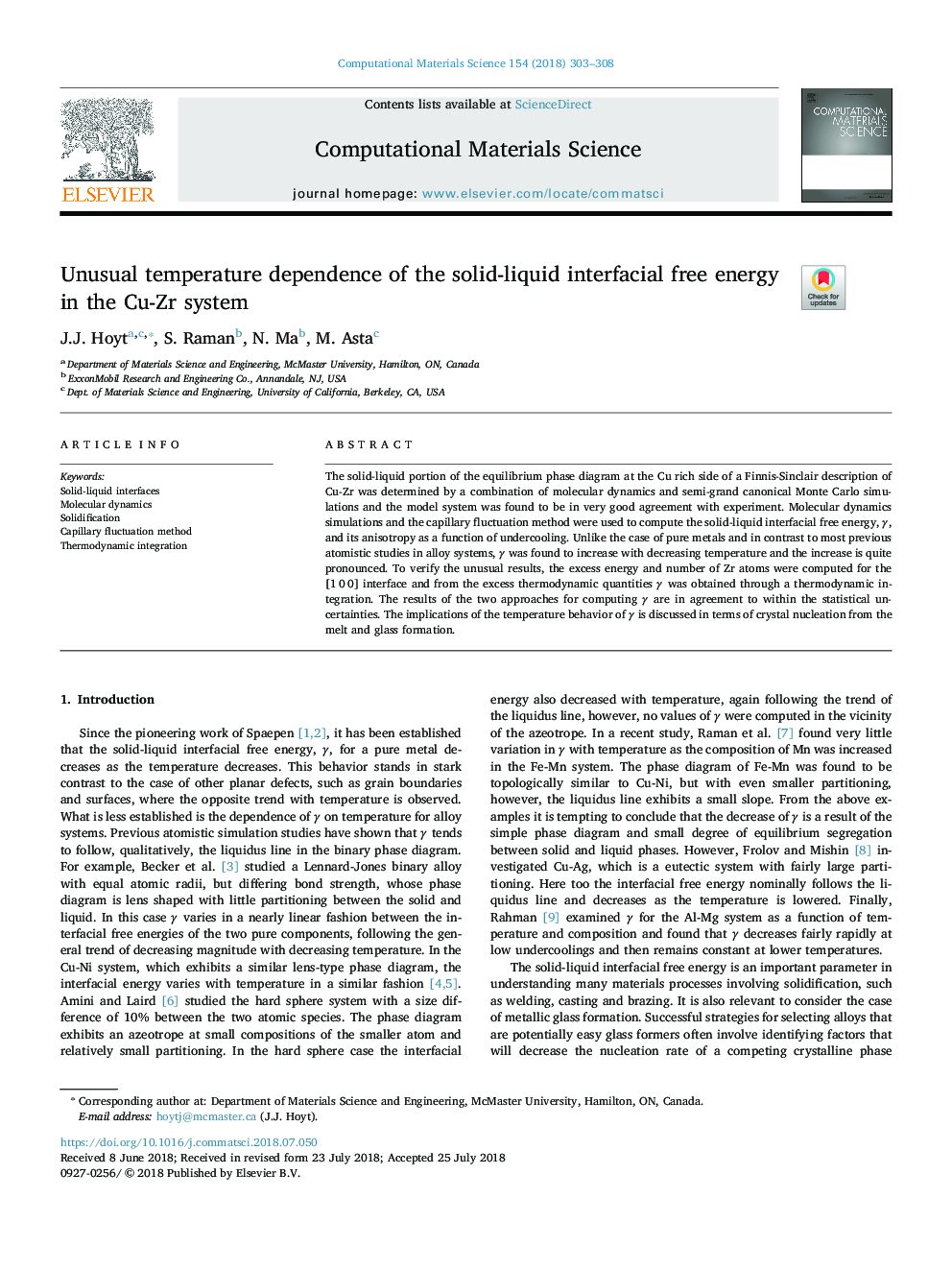 Unusual temperature dependence of the solid-liquid interfacial free energy in the Cu-Zr system