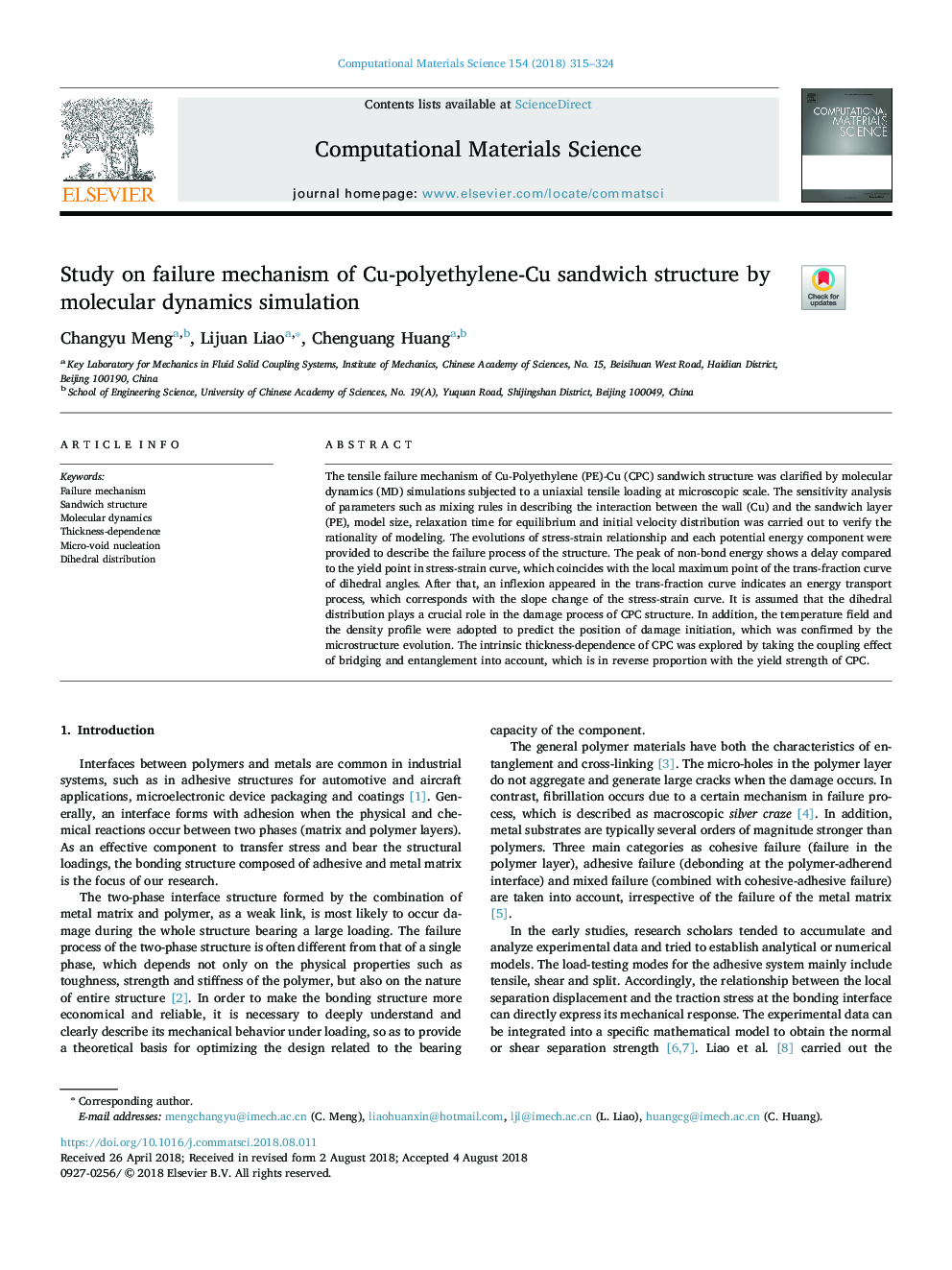 Study on failure mechanism of Cu-polyethylene-Cu sandwich structure by molecular dynamics simulation