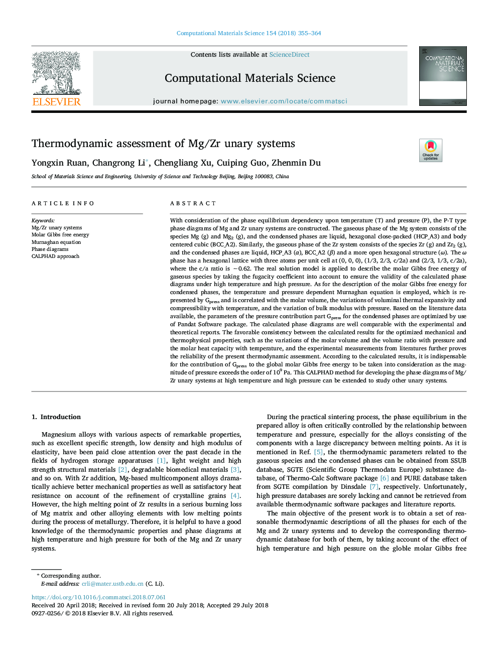 Thermodynamic assessment of Mg/Zr unary systems