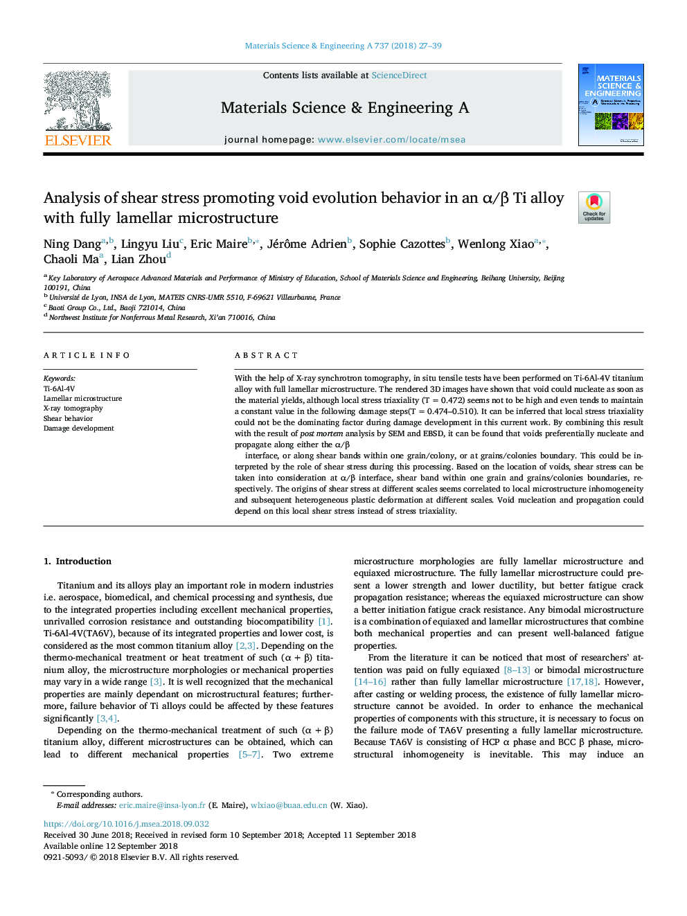 Analysis of shear stress promoting void evolution behavior in an Î±/Î² Ti alloy with fully lamellar microstructure