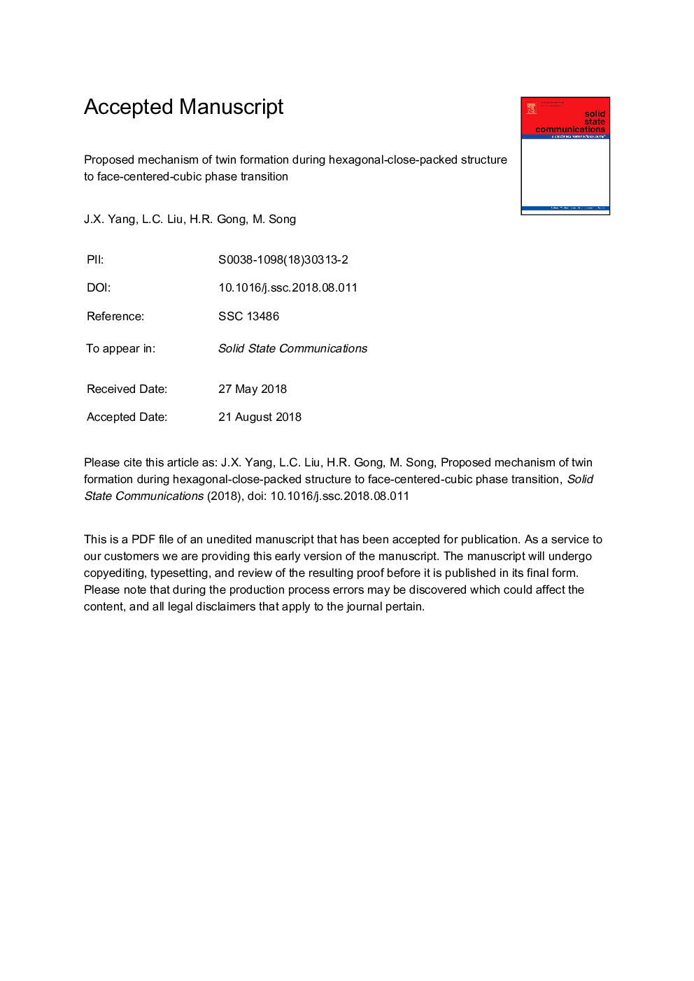 Proposed mechanism of twin formation during hexagonal-close-packed structure to face-centered-cubic phase transition