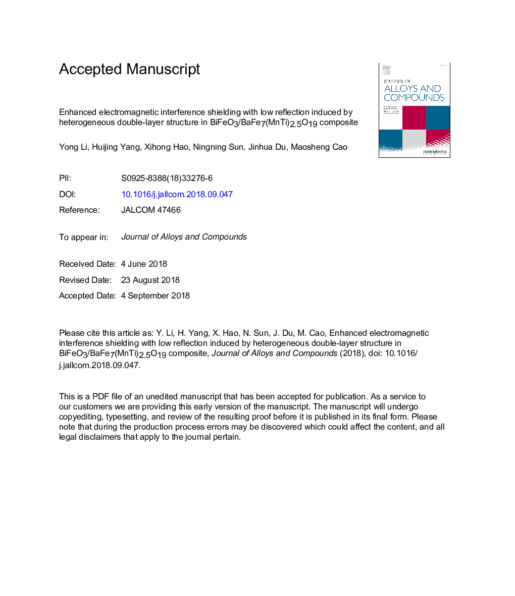 Enhanced electromagnetic interference shielding with low reflection induced by heterogeneous double-layer structure in BiFeO3/BaFe7(MnTi)2.5O19 composite