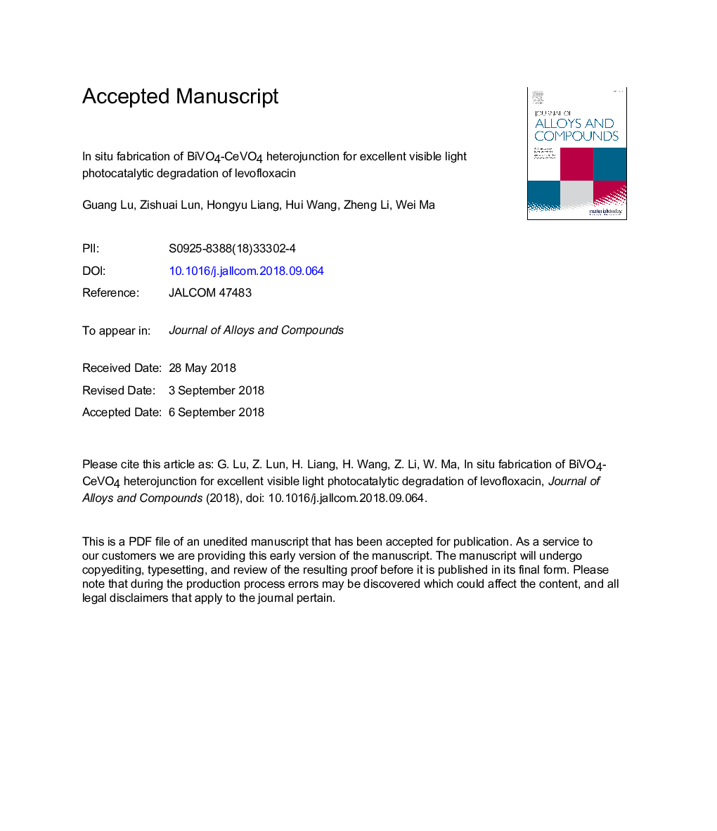 In situ fabrication of BiVO4-CeVO4 heterojunction for excellent visible light photocatalytic degradation of levofloxacin