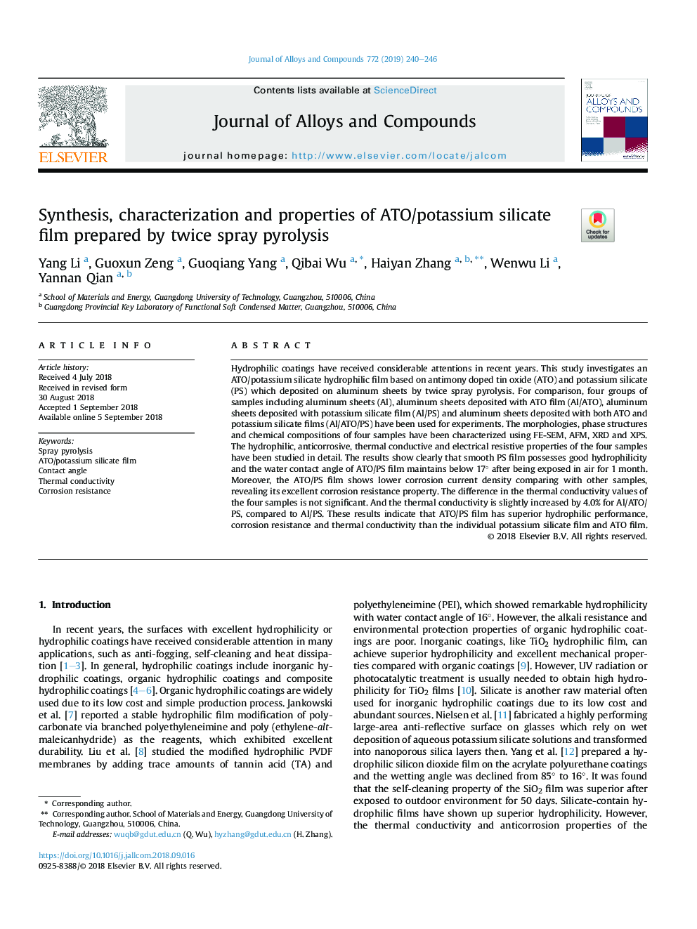 Synthesis, characterization and properties of ATO/potassium silicate film prepared by twice spray pyrolysis