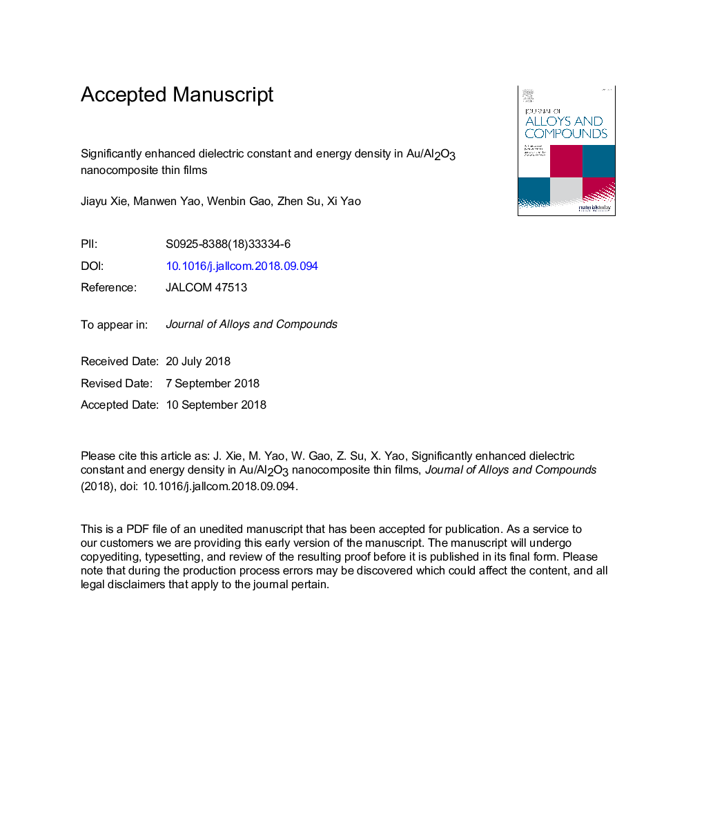 Significantly enhanced dielectric constant and energy density in Au/Al2O3 nanocomposite thin films