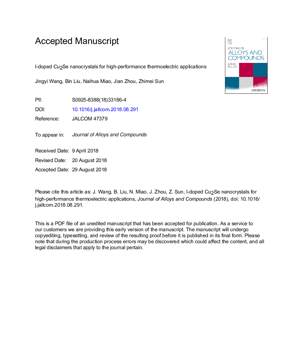 I-doped Cu2Se nanocrystals for high-performance thermoelectric applications