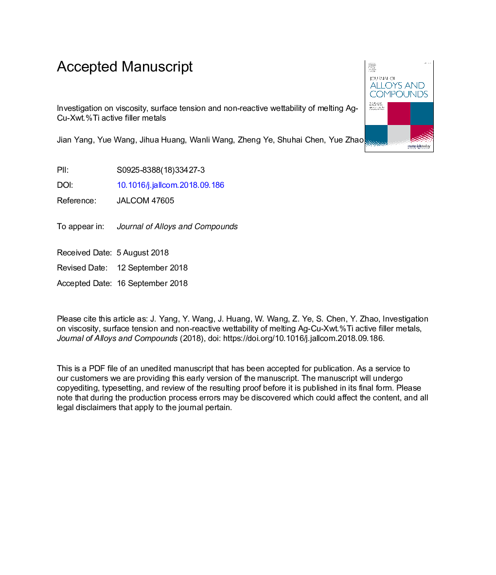 Investigation on viscosity, surface tension and non-reactive wettability of melting Ag-Cu-Xwt%Ti active filler metals