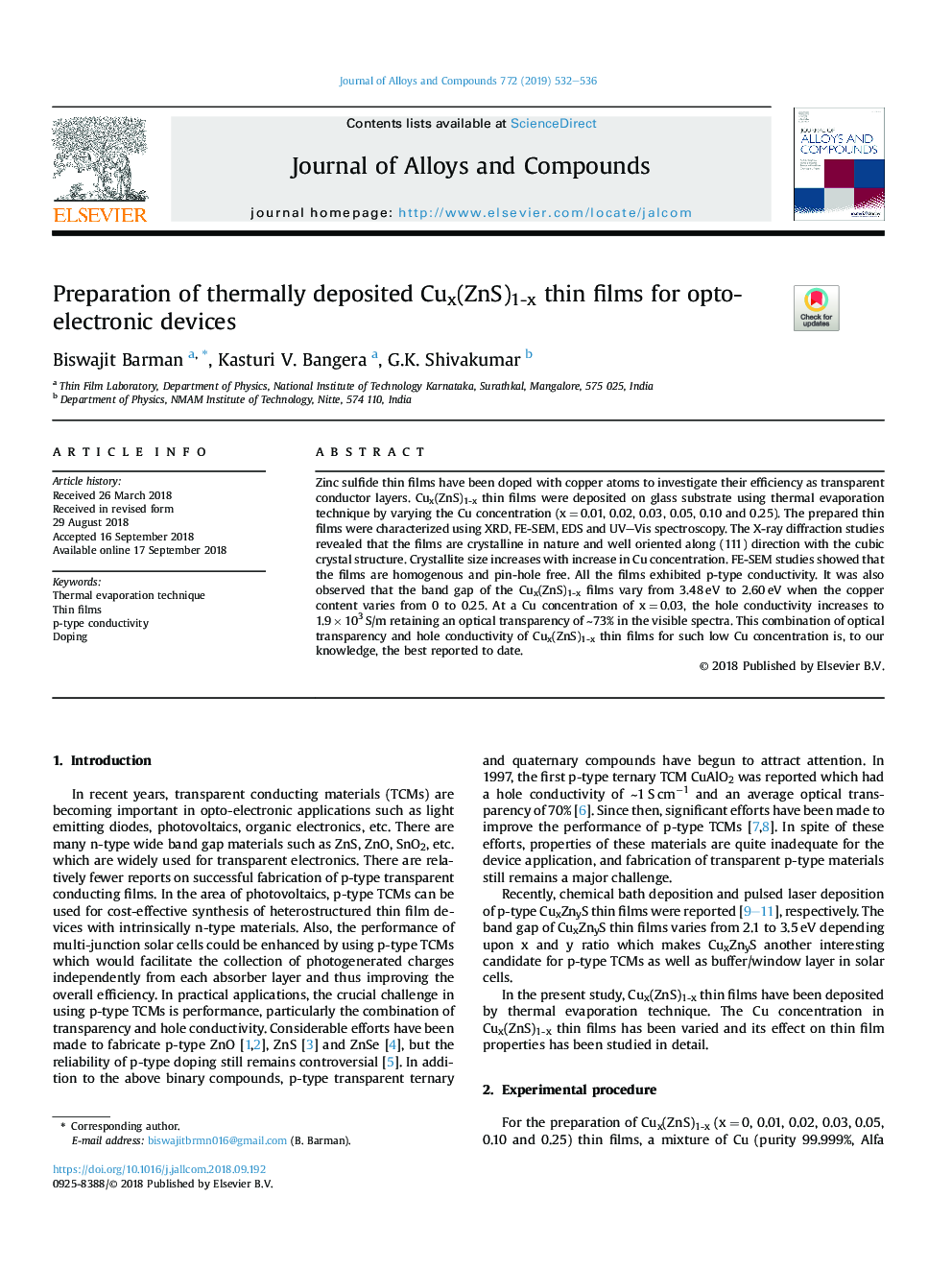 Preparation of thermally deposited Cux(ZnS)1-x thin films for opto-electronic devices