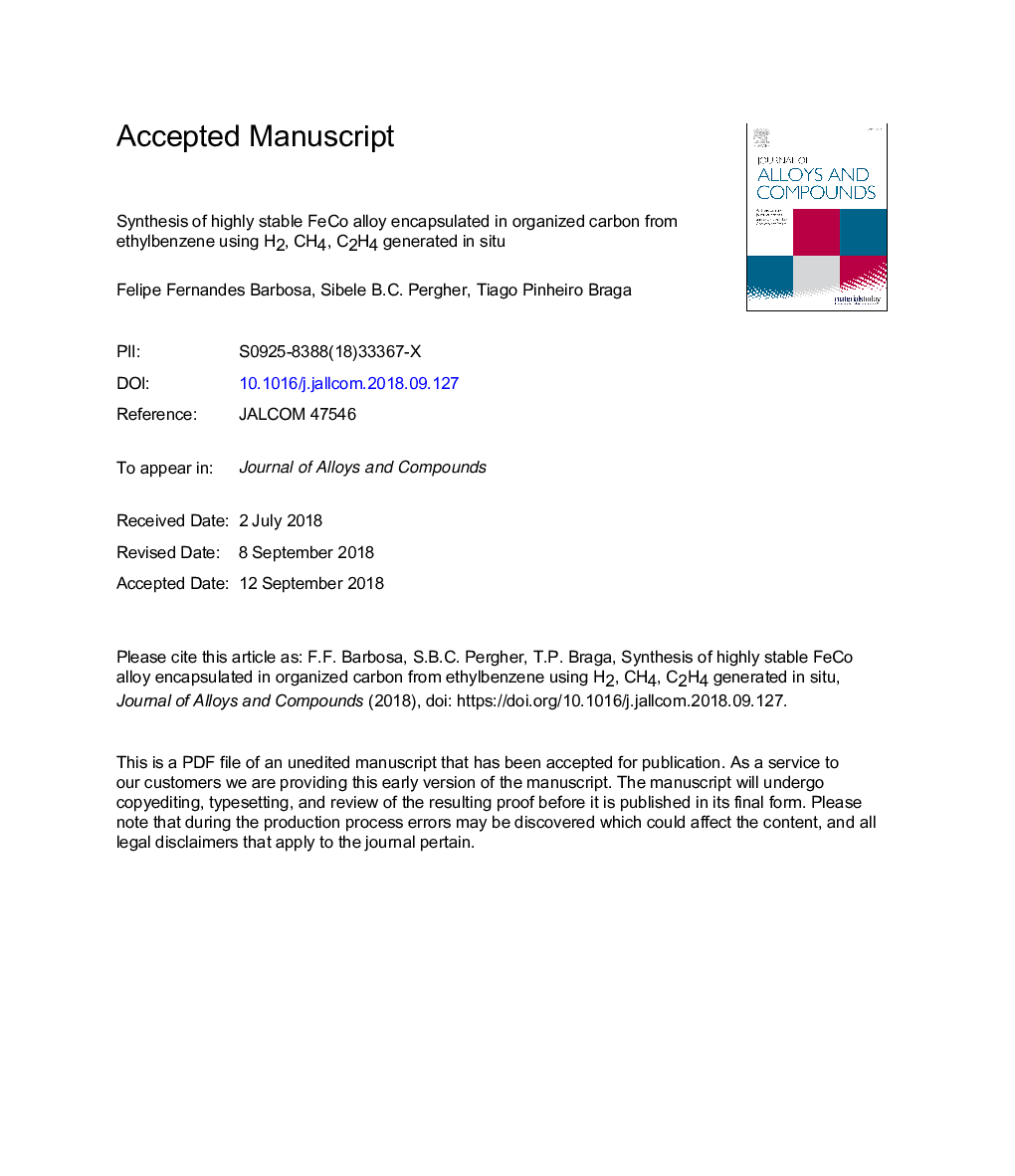 Synthesis of highly stable FeCo alloy encapsulated in organized carbon from ethylbenzene using H2, CH4, C2H4 generated in situ