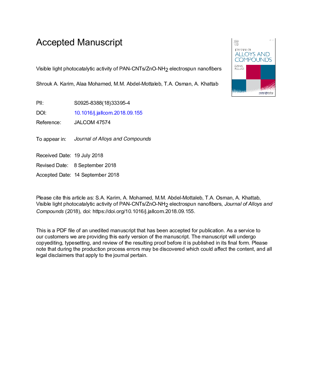 Visible light photocatalytic activity of PAN-CNTs/ZnO-NH2 electrospun nanofibers