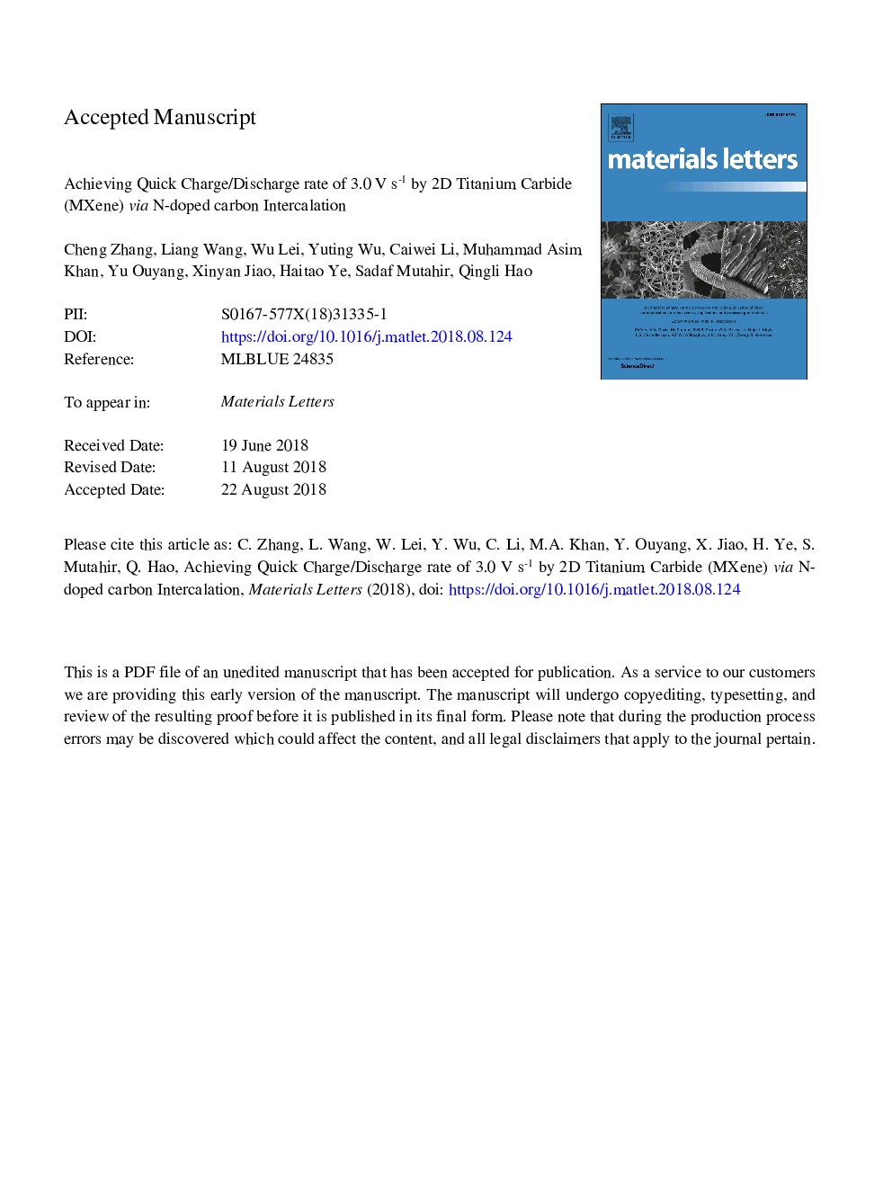 Achieving quick charge/discharge rate of 3.0â¯Vâ¯sâ1 by 2D titanium carbide (MXene) via N-doped carbon intercalation