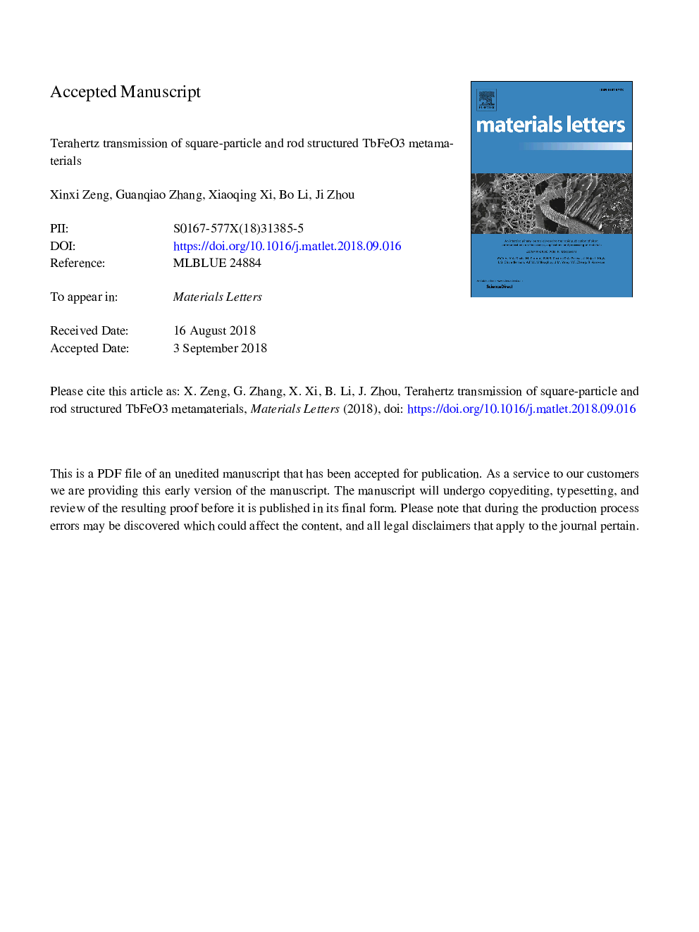 Terahertz transmission of square-particle and rod structured TbFeO3 metamaterials