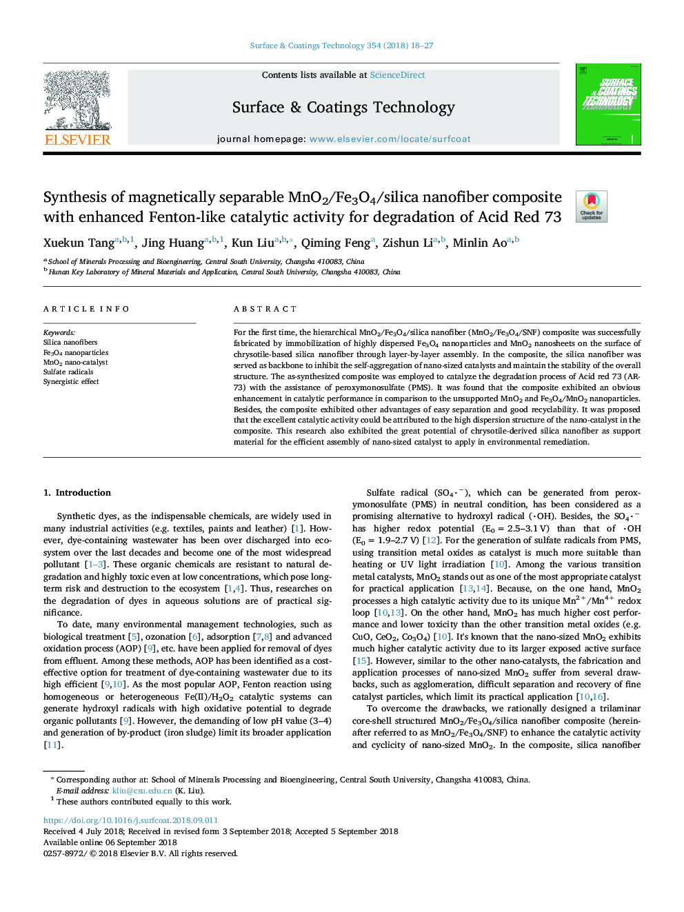 Synthesis of magnetically separable MnO2/Fe3O4/silica nanofiber composite with enhanced Fenton-like catalytic activity for degradation of Acid Red 73