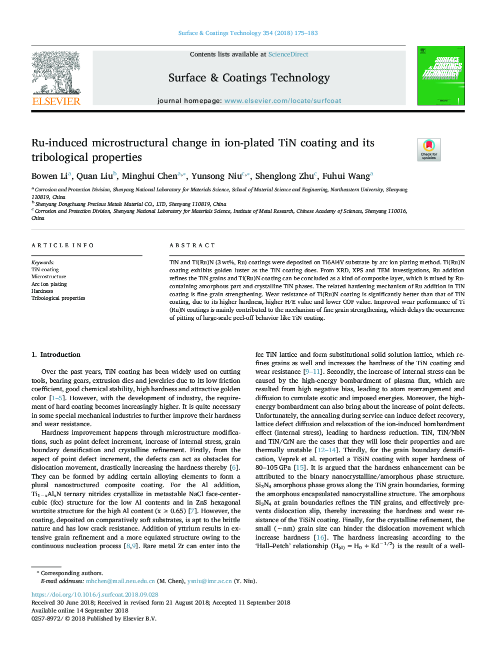 Ru-induced microstructural change in ion-plated TiN coating and its tribological properties