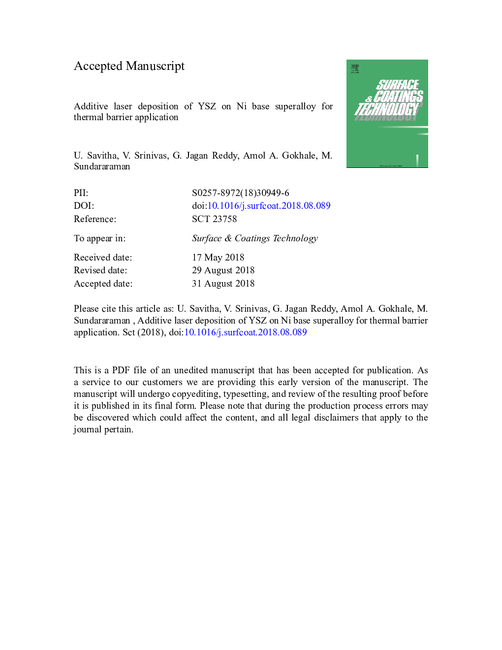 Additive laser deposition of YSZ on Ni base superalloy for thermal barrier application