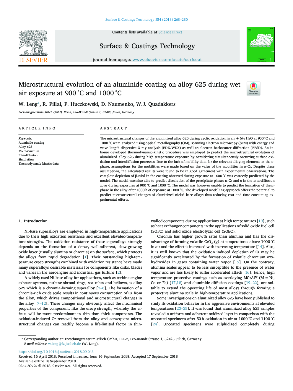 Microstructural evolution of an aluminide coating on alloy 625 during wet air exposure at 900â¯Â°C and 1000â¯Â°C