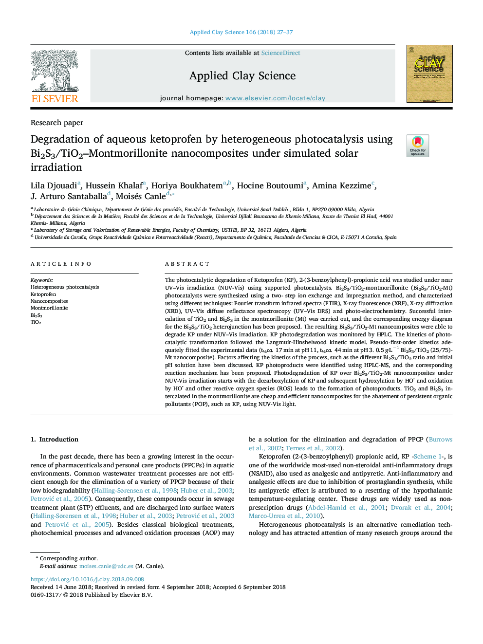 Degradation of aqueous ketoprofen by heterogeneous photocatalysis using Bi2S3/TiO2-Montmorillonite nanocomposites under simulated solar irradiation