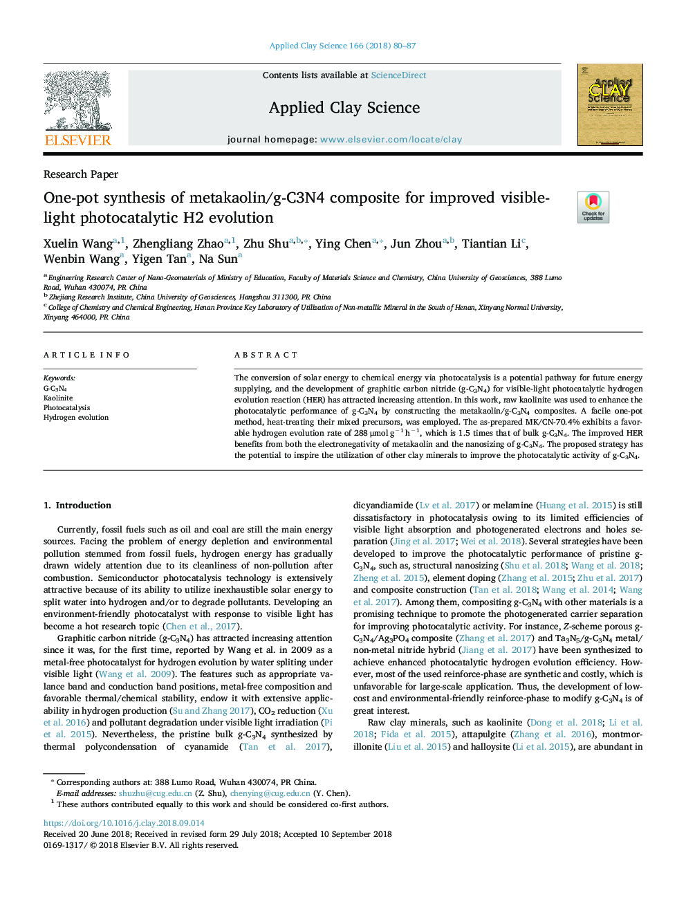 One-pot synthesis of metakaolin/g-C3N4 composite for improved visible-light photocatalytic H2 evolution