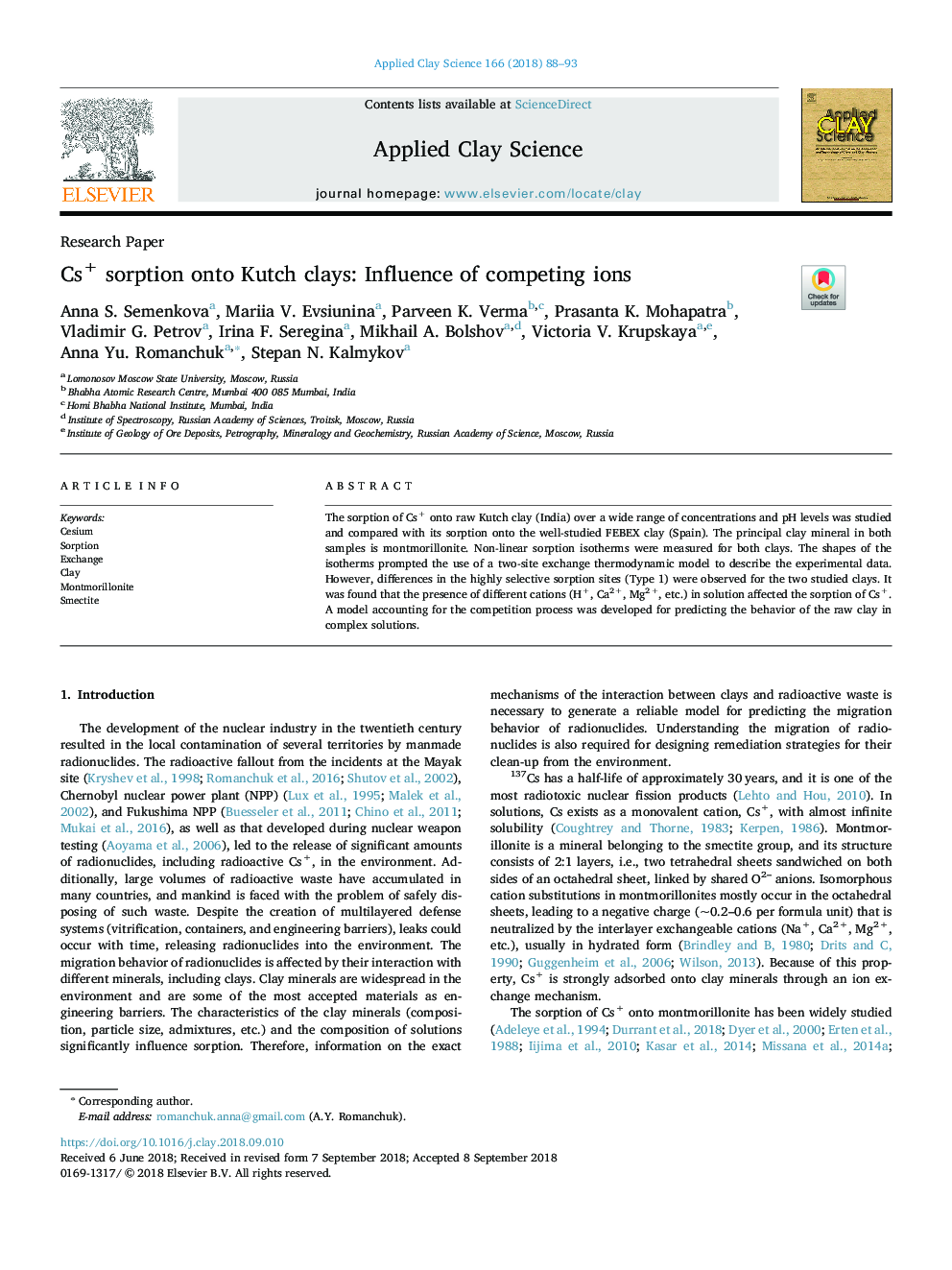 Cs+ sorption onto Kutch clays: Influence of competing ions