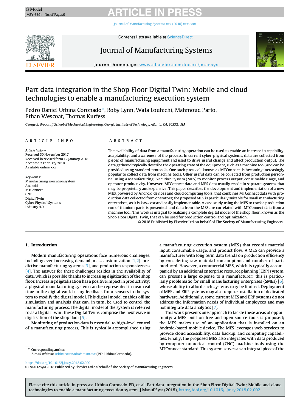 Part data integration in the Shop Floor Digital Twin: Mobile and cloud technologies to enable a manufacturing execution system