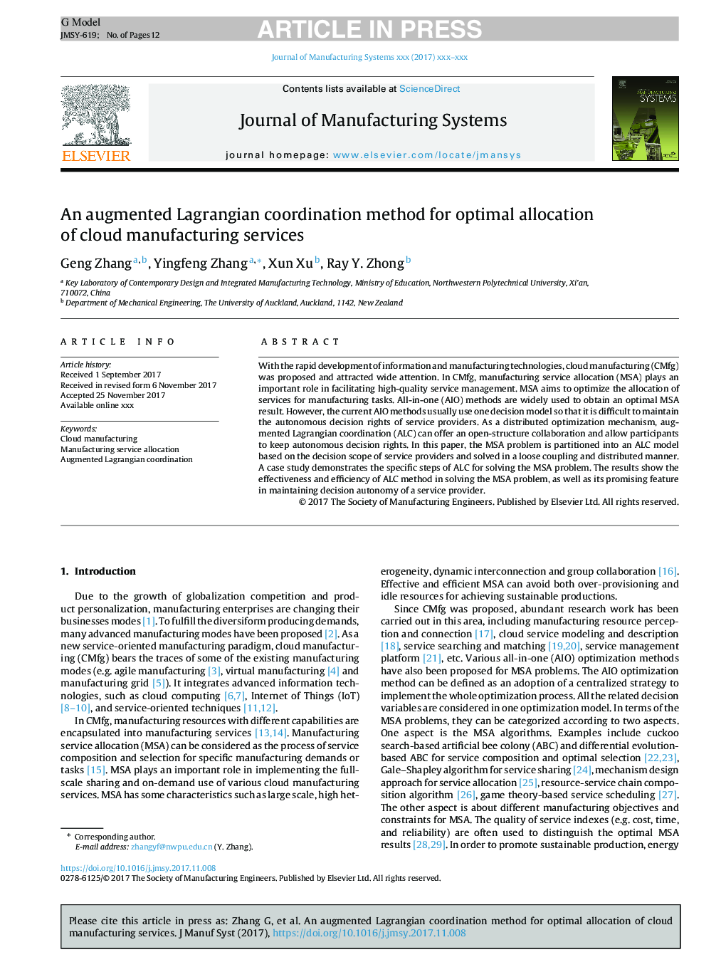 An augmented Lagrangian coordination method for optimal allocation of cloud manufacturing services