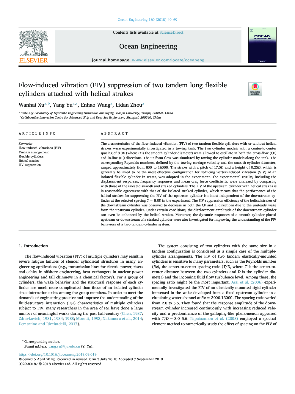 Flow-induced vibration (FIV) suppression of two tandem long flexible cylinders attached with helical strakes